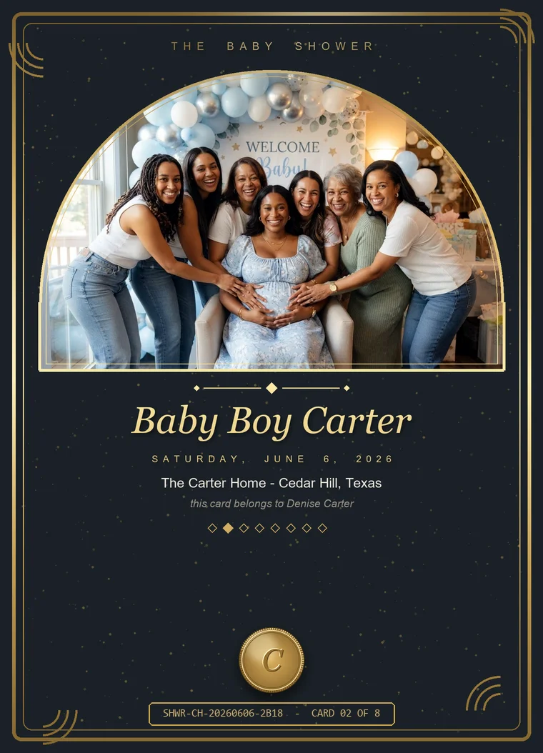 A baby shower keepsake card, card 01 of a numbered set