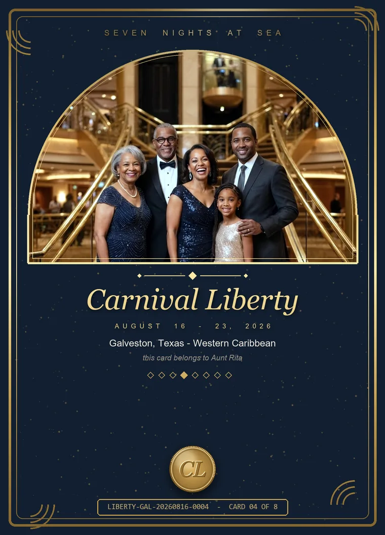 A cruise keepsake card, card 01 of a numbered set