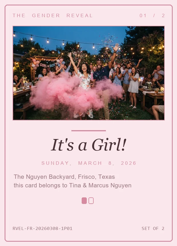 Gender reveal keepsake card in blush pink
