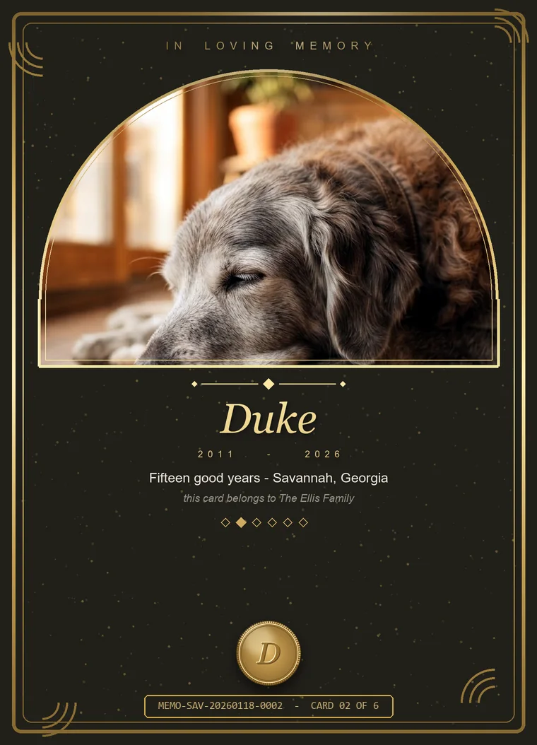 A pet memorial keepsake card, card 01 of a numbered set
