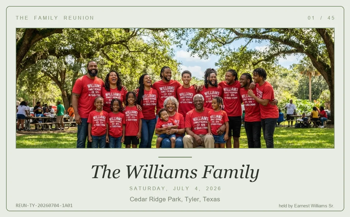 Family reunion keepsake card in sage