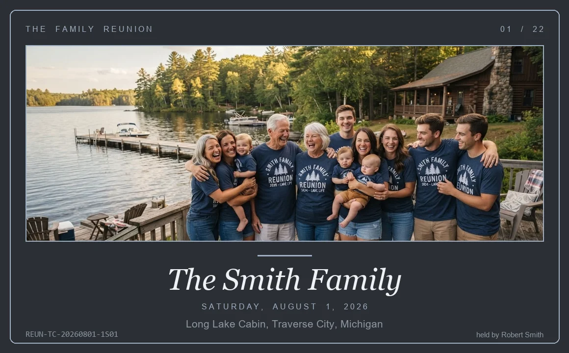 Lakeside family reunion keepsake card in slate