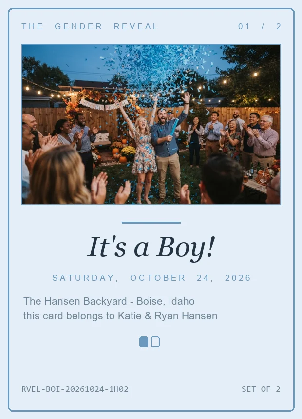 Gender reveal card in baby blue
