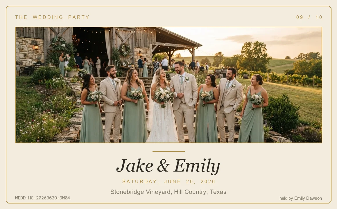 Wedding party keepsake card in champagne